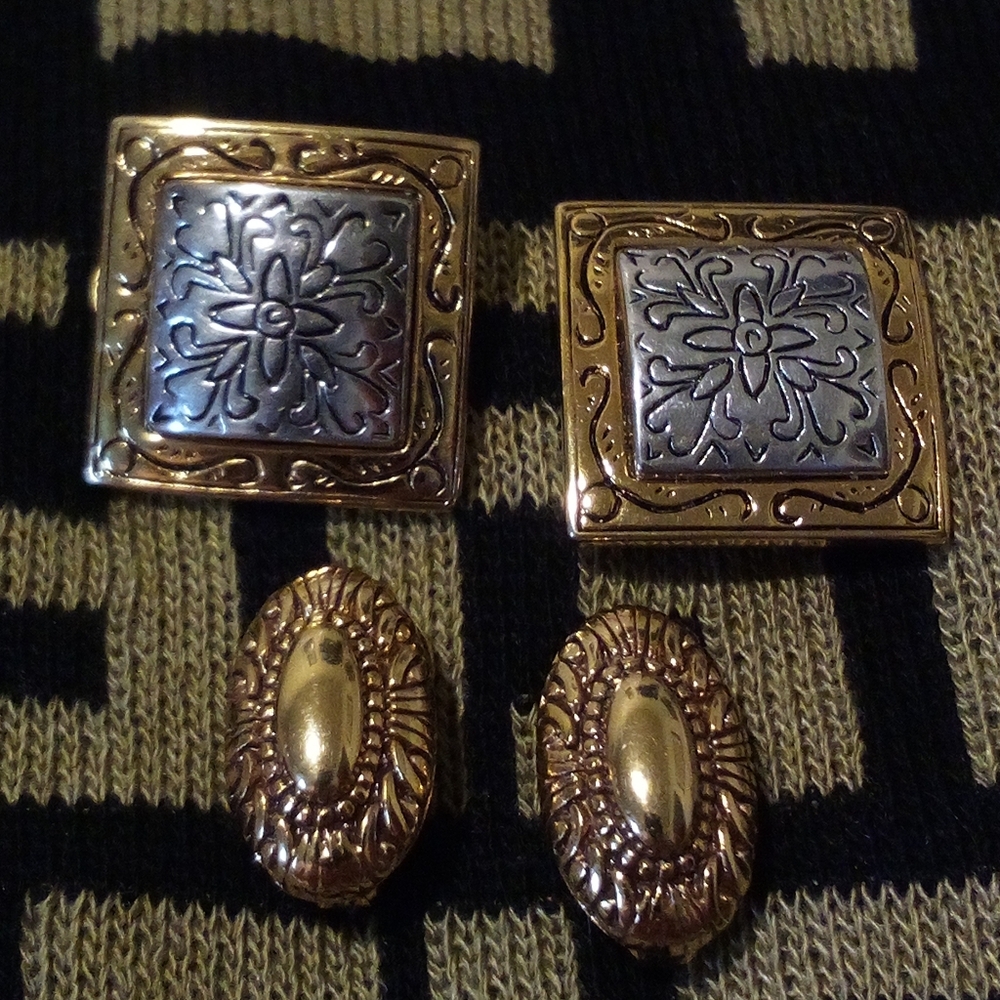 Vintage 2 Pair Premier Gold Tone Omega Clip Earrings Engraved